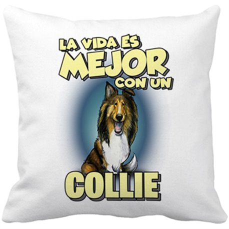 Cojín con relleno la vida es mejor con un perro de raza Collie blanco y marrón