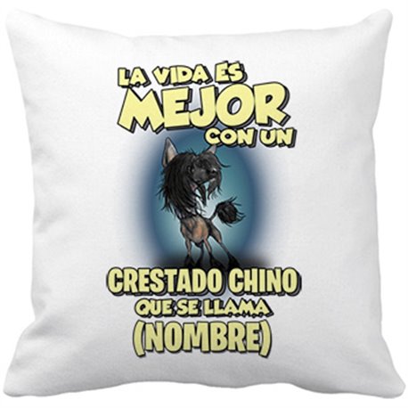 Cojín con relleno la vida es mejor con un perro raza Crestado Chino que se llama personalizable con nombre