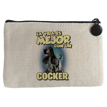 Monedero la vida es mejor con un perro de raza Cocker blanco y negro