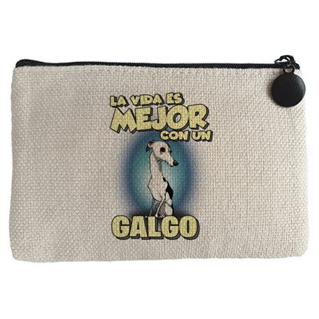 Monedero la vida es mejor con un perro de raza Galgo blanco y negro