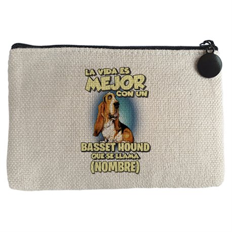 Monedero la vida es mejor con un perro raza Basset Hound que se llama personalizable con nombre