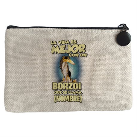 Monedero la vida es mejor con un perro raza Borzoi blanco y negro que se llama personalizable con nombre