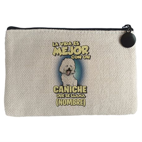 Monedero la vida es mejor con un perro raza Caniche blanco que se llama personalizable con nombre