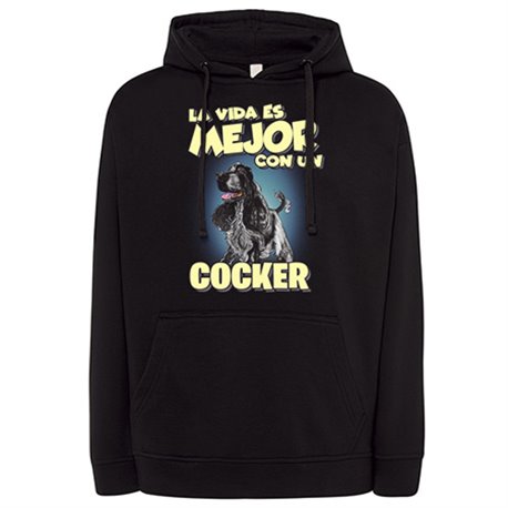 Sudadera la vida es mejor con un perro de raza Cocker blanco y negro