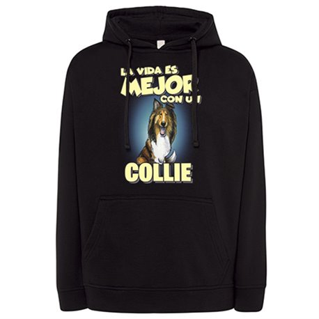 Sudadera la vida es mejor con un perro de raza Collie blanco y marrón