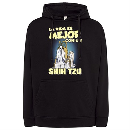 Sudadera la vida es mejor con un perro de raza Shih Ttu blanco y marrón