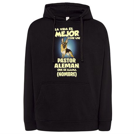 Sudadera la vida es mejor con un perro mascota Pastor Alemán marrón y negro que se llama personalizable con nombre