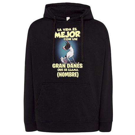 Sudadera la vida es mejor con un perro raza Gran Danés Arlequín que se llama personalizable con nombre