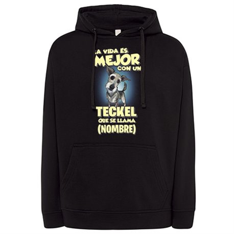 Sudadera la vida es mejor con un perro raza Teckel que se llama personalizable con nombre