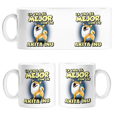Taza la vida es mejor con un perro de raza Akita Inu blanco y marrón