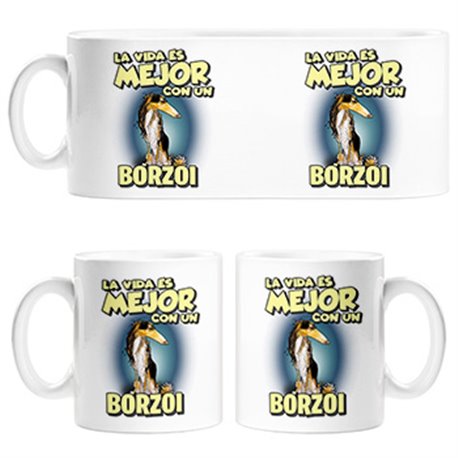 Taza la vida es mejor con un perro de raza Borzoi blanco y negro