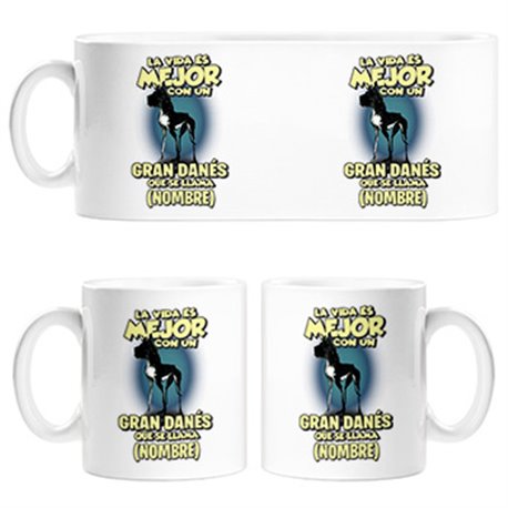 Taza la vida es mejor con un perro raza Gran Danés negro que se llama personalizable con nombre