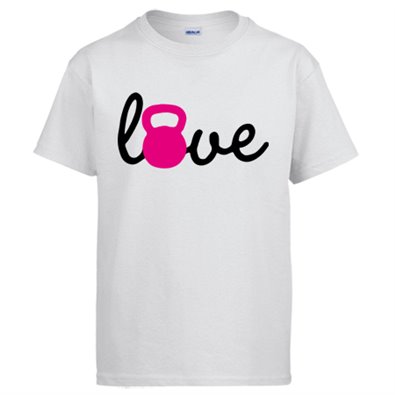 Camiseta parodia kettlebell Love rosa para deportistas fuertes de gimnasio