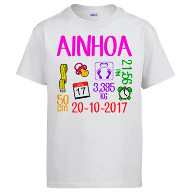Camiseta natalicio ficha personalizable de nacimiento niña recién nacida