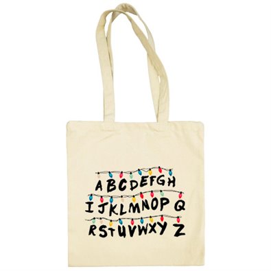 Bolsa de tela parodia cosicas raras pared muro letras con luces de Navidad